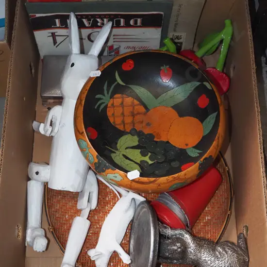 box; wooden rabbit ornaments, wood comport, travel mugs etc