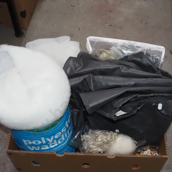 box; polyester wadding, buttons, bbq cover etc