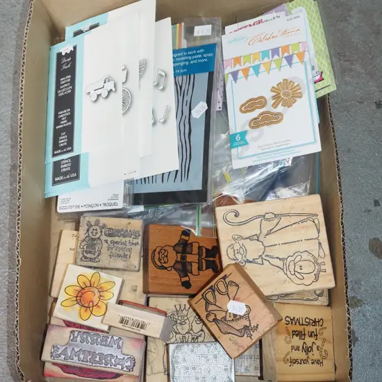 box of rubber stamps, stencils etc