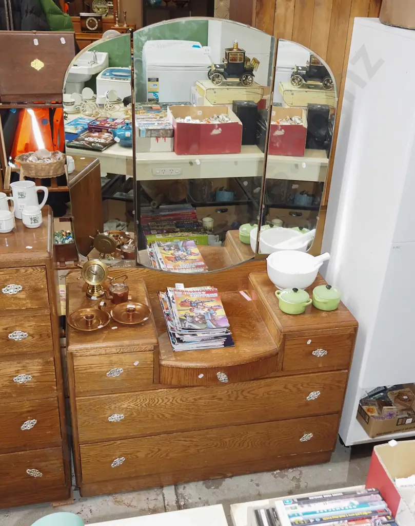 oak deco 5 drawer mirror back dresser H1580  Image 1++