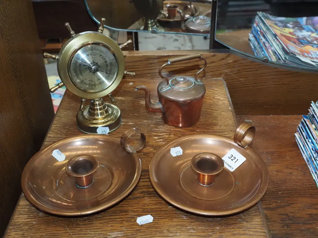 copper chamber sticks, barometer etc Image 1++