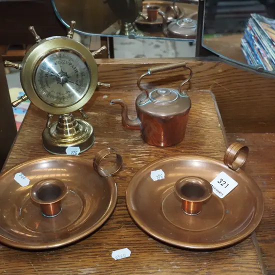 copper chamber sticks, barometer etc