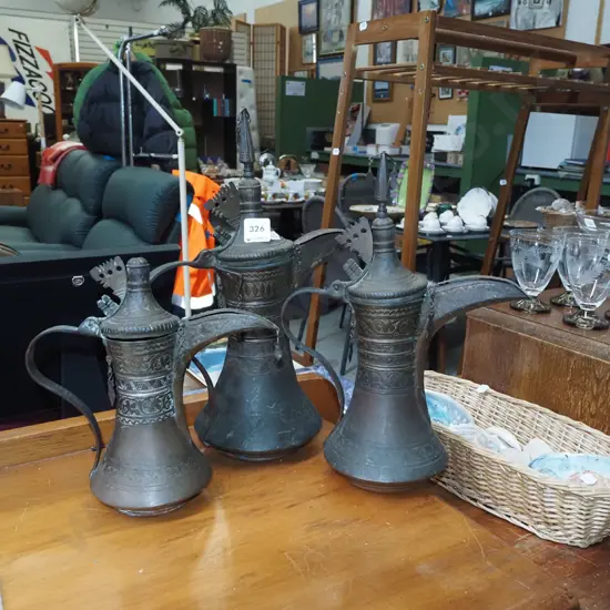 3x copper Middle Eastern coffee pots H350