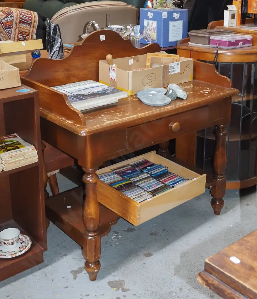 dark stained rimu turned leg 2 tier wash stand H950 W920 D520 varnish needs attention Image 1++