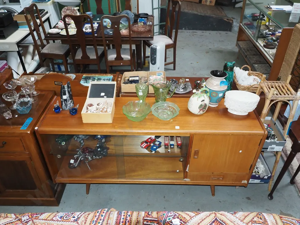 mid century sideboard with 2 glazed sliding doors, cupboard and drawer H800 W1510 D400 Image 1++