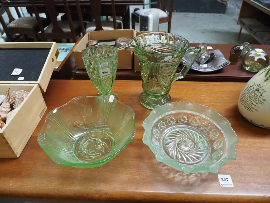 depression green glass jug, bowls etc Image 1++