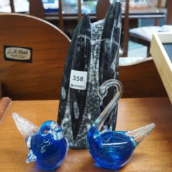 carved stone ornament H210, 2 x glass bird figurines 