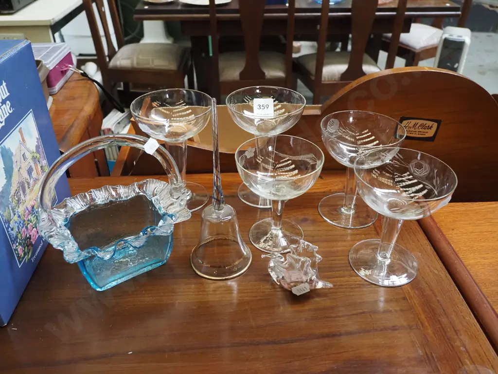 glass basket, hollow stemmed champagne flutes, bell etc Image 1++