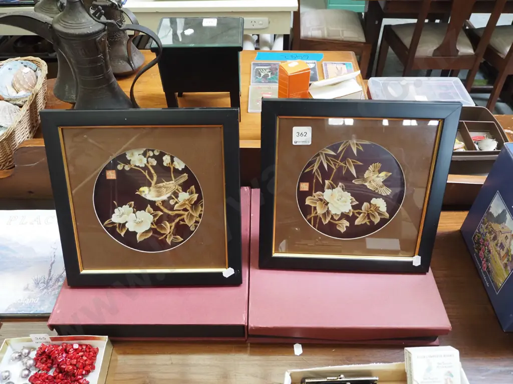 2x presentation Asian carved wood framed pictures Image 1++