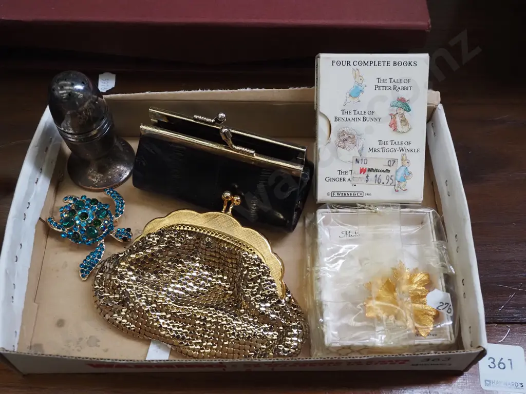 box; miniature Beatrix Potter books, change purses etc Image 1++