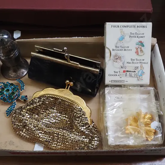 box; miniature Beatrix Potter books, change purses etc