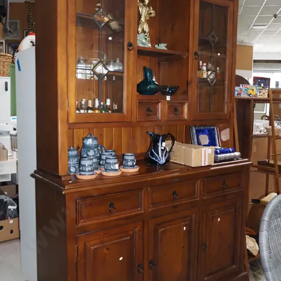 solid pine wall unit with 3 solid doors, 5 drawers, 2 leadlight doors H2050 W1400 D450