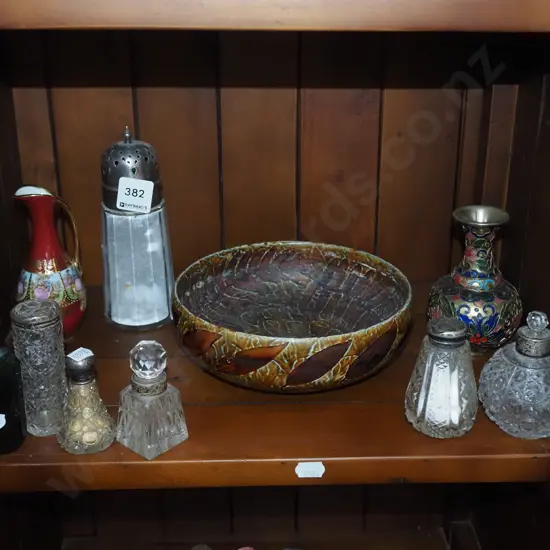 shelf; Royal Doulton bowl, cloisonne vase, scent bottles etc