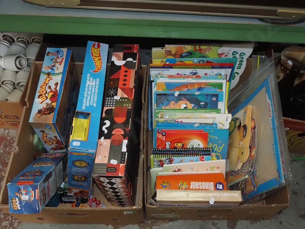 2 boxes; puzzles, books etc - green dots Image 1++