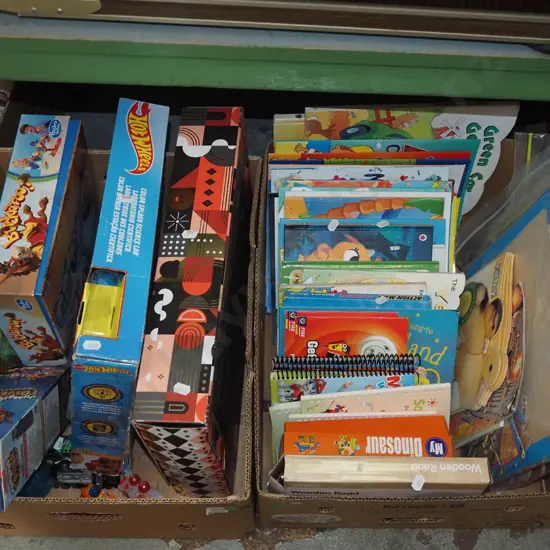 2 boxes; puzzles, books etc - green dots