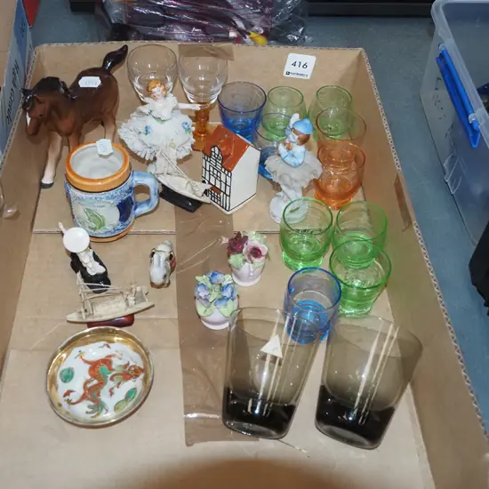 box; shot glasses, horse figurine, ballerina figurine etc