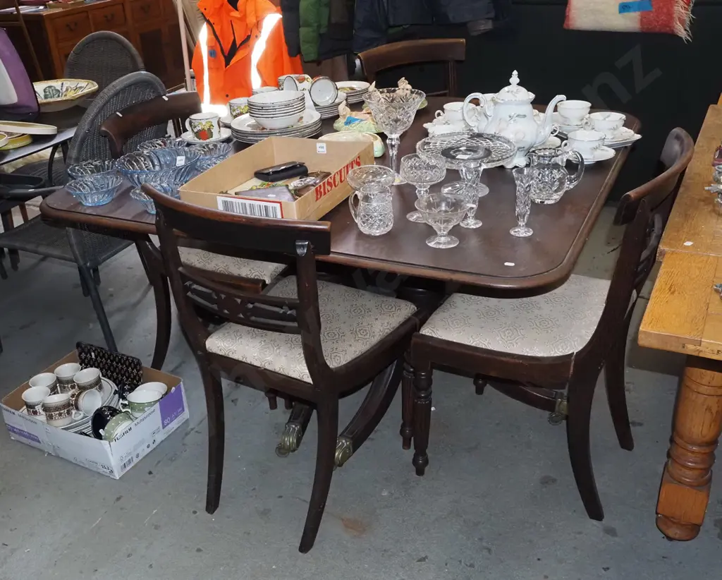 restorer's mahogany twin pedestal extending dining table with 4 matching mahogany bergere Image 1++