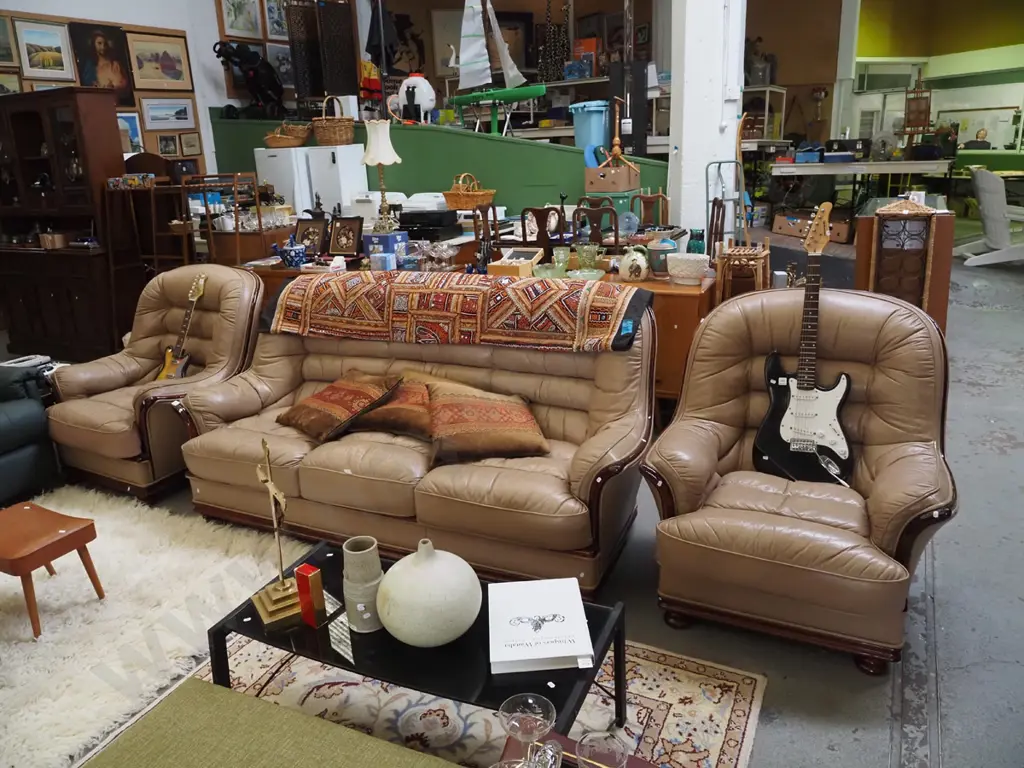 taupe leather and hardwood 3 piece lounge suite -  3 seater, 2x singles Image 1++