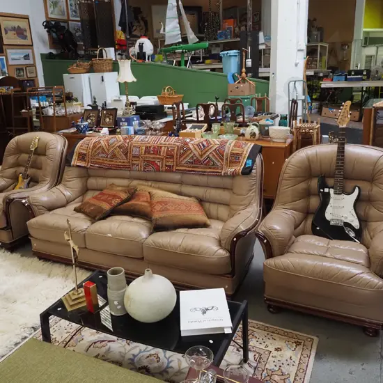 taupe leather and hardwood 3 piece lounge suite -  3 seater, 2x singles