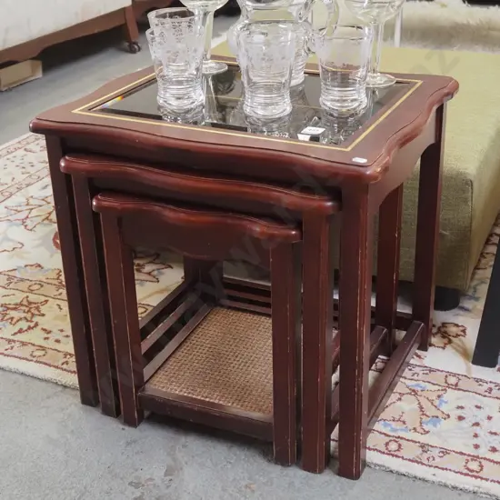 nest of 3 wood, brass and bevelled glass tables