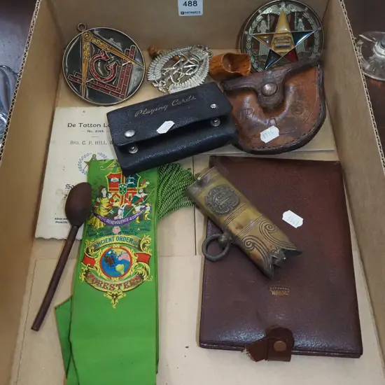 Lodge medallions, playing cards, travel mirror etc