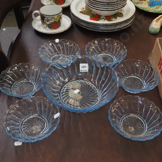 blue drepession glass sweet set