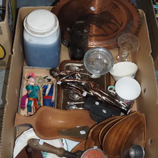 box; egg beater drill, figurines teaspoons etc