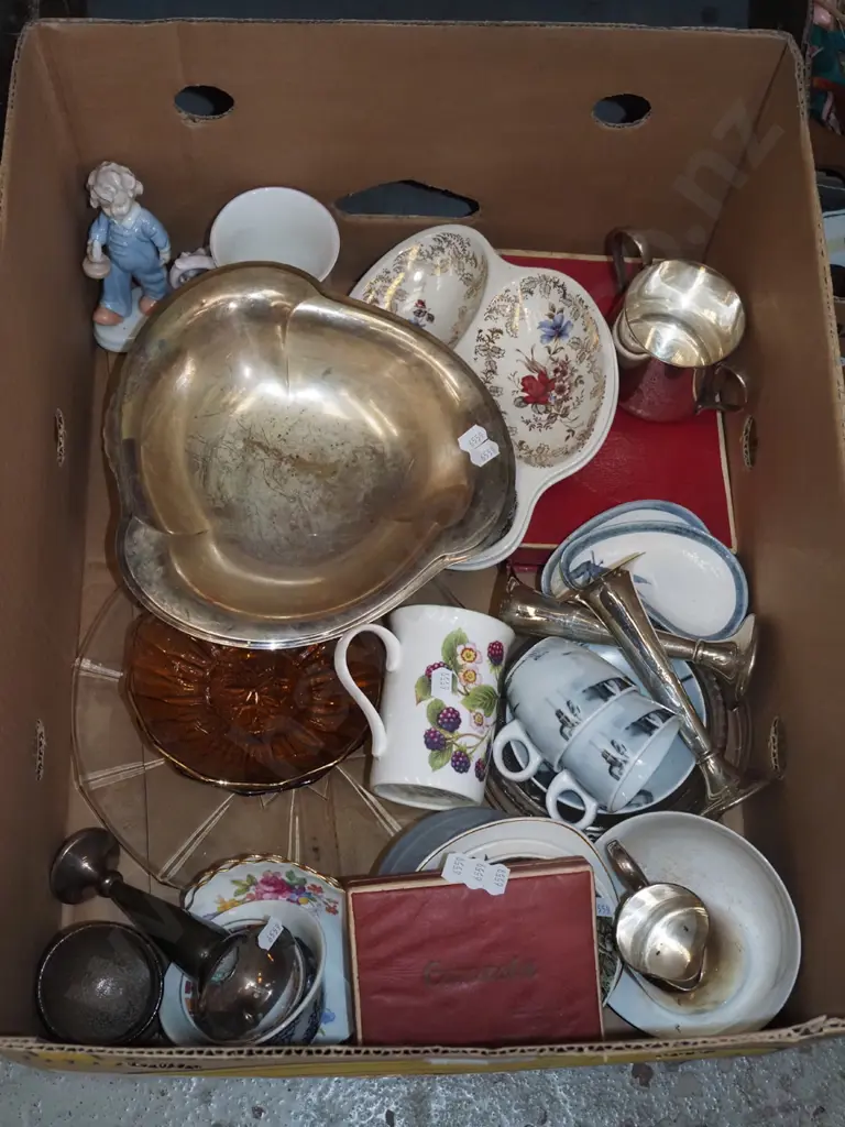 box; plated footed bowl, amber glass dish, playing cards etc Image 1++