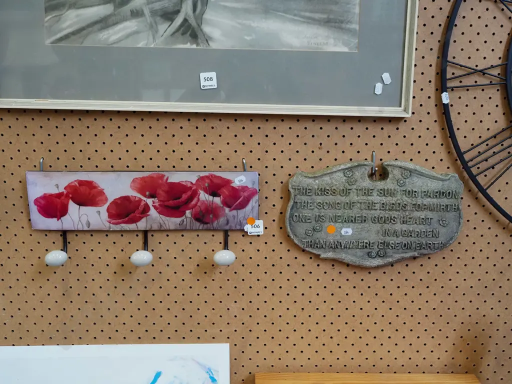 cast concrete garden motto, poppy themed coat hooks on tin - orange dots Image 1++