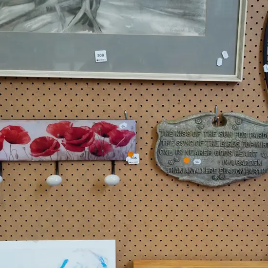 cast concrete garden motto, poppy themed coat hooks on tin - orange dots