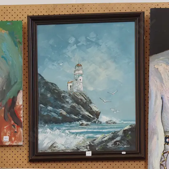 framed oil on board - lighthouse