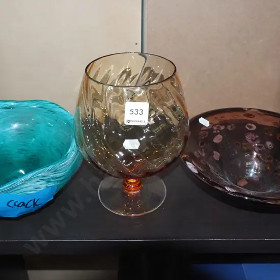 amber glass stem glass, 2x art glass bowls - 1 has crack
