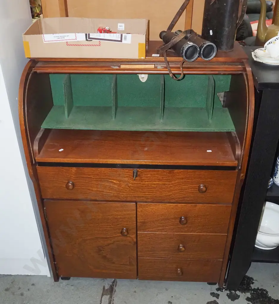 roll top desk with 4 drawer, 1 cupboard H1030 W770 D450  - key in office Image 1++