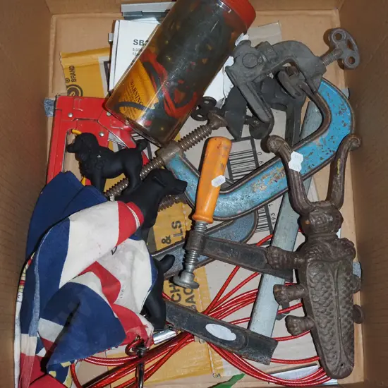 box; G clamps, boot scrapers, dog figurines etc