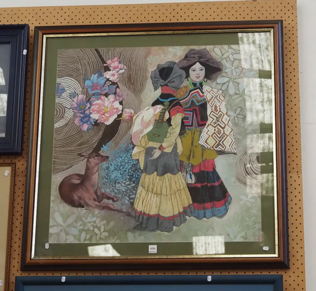 framed Asian print - 2x women and fawn Image 1++