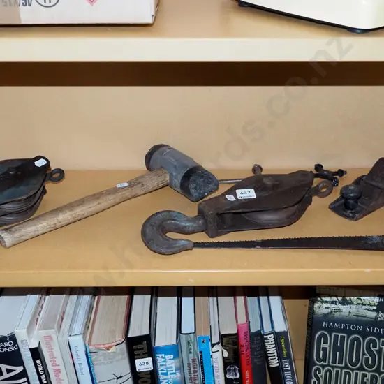 shelf; pulleys, hammer, plane etc