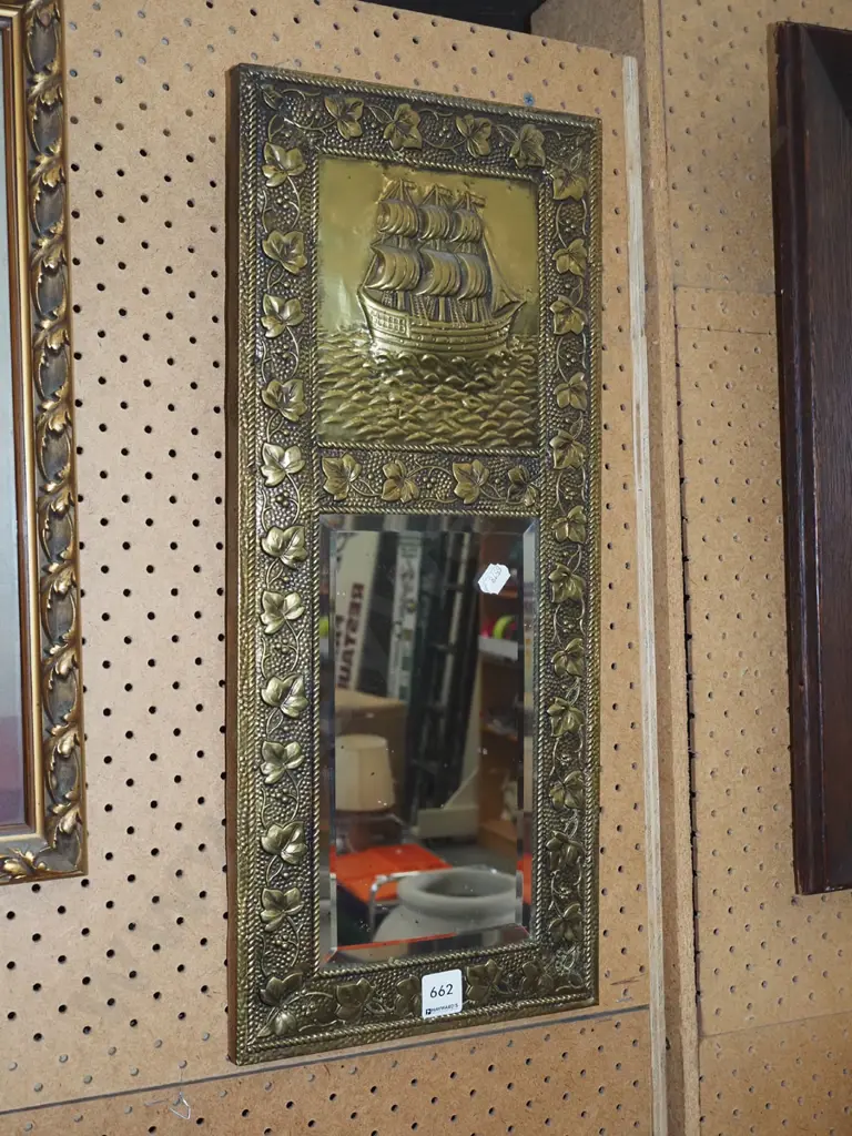 vintage pressed brass boat and leaf themed wall mirror Image 1++