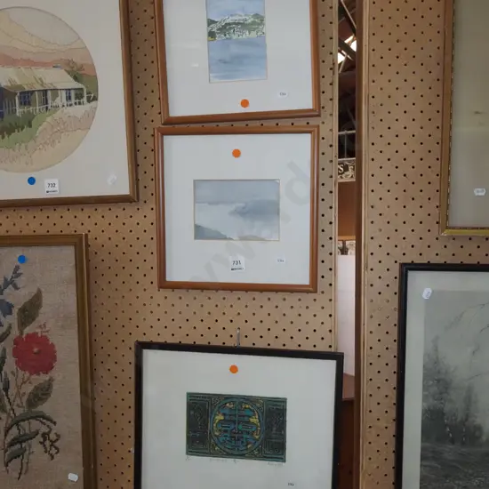 2x framed watercolours, framed print - orange dots