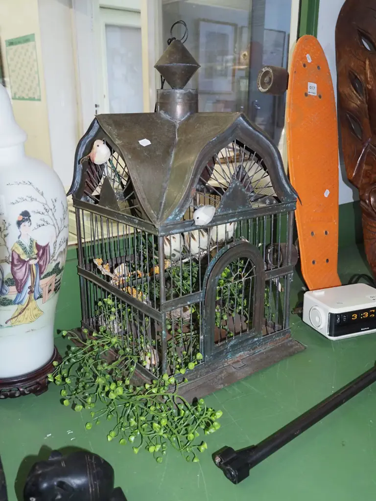Victorian metal bird cage with faux birds, plants H510 Image 1++