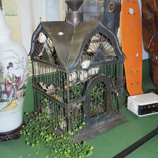 Victorian metal bird cage with faux birds, plants H510