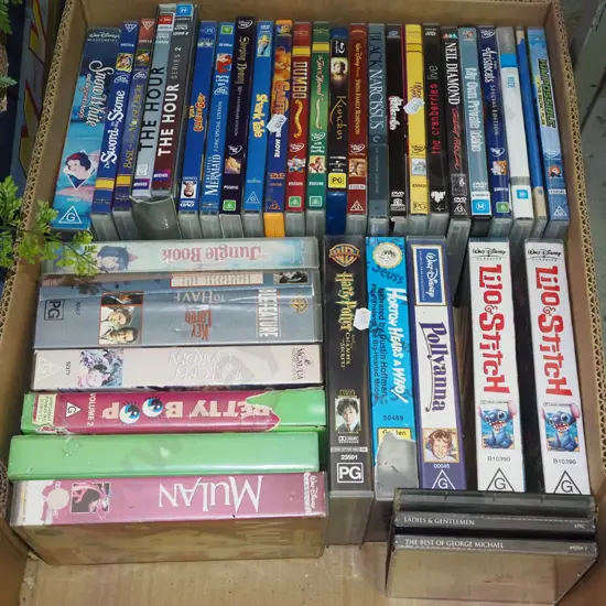 box; DVDs, CDs, VHs