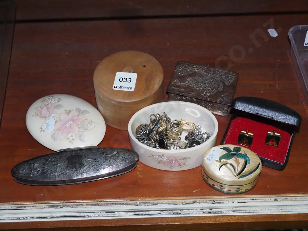 assorted trinket boxes, costume jewellery clip on earrings, cuff links Image 1++