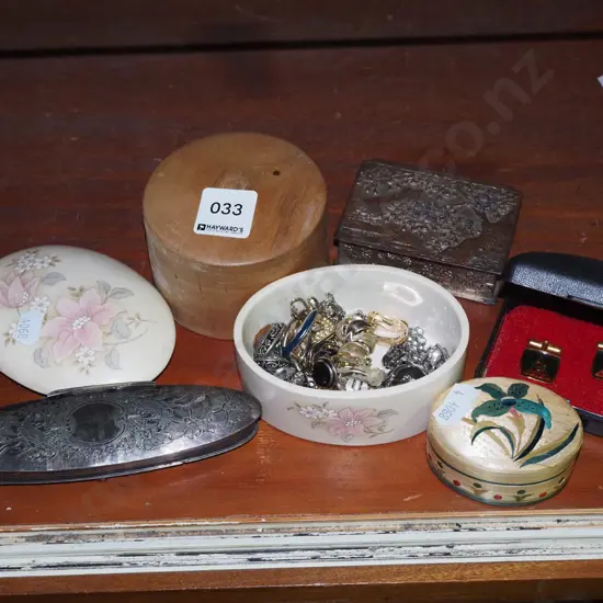 assorted trinket boxes, costume jewellery clip on earrings, cuff links