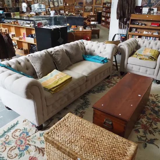 taupe deep buttoned chesterfield 3 seater settee and single chair - tidy condition 