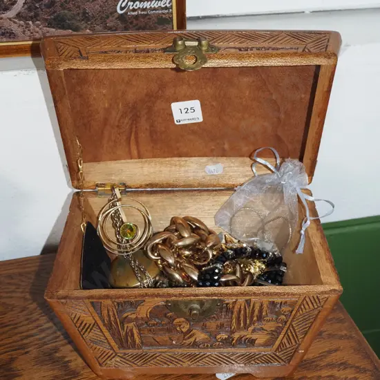 small carved camphorwood box and costume jewelllery