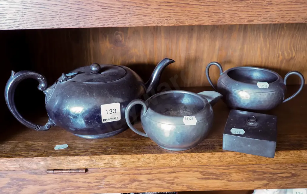 pewter and plated teapot, creamer, sugar, small box Image 1++