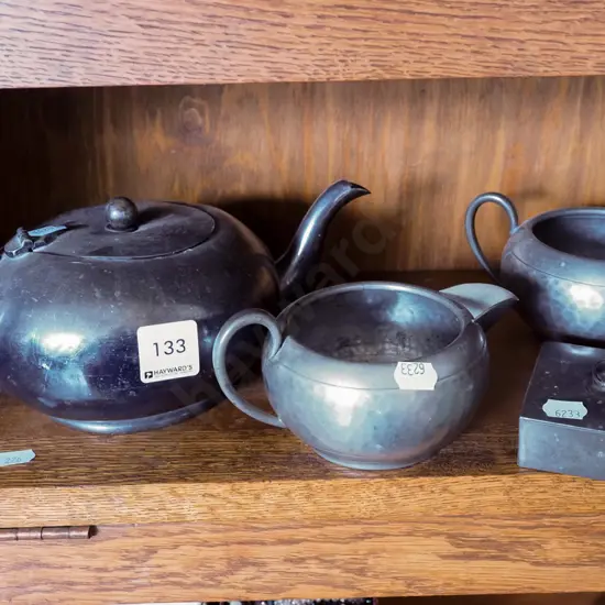 pewter and plated teapot, creamer, sugar, small box
