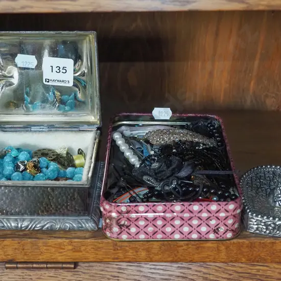 ring dish, tin and costume jewellery, small lidded pressed metal box and contents