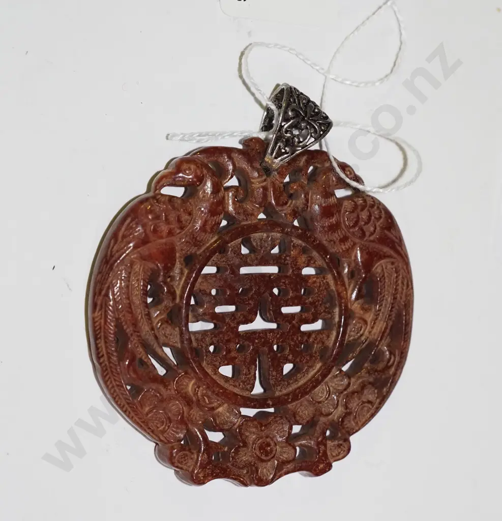 large Mexican carved stone medallion with stirling silver loop Image 1++