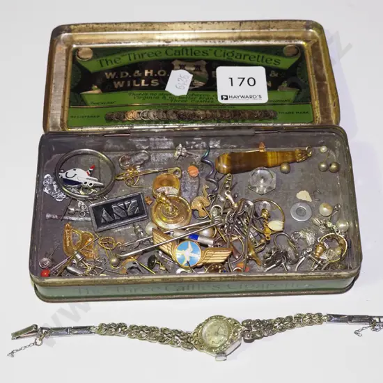 tin; wristwatches, pendants, badges etc
